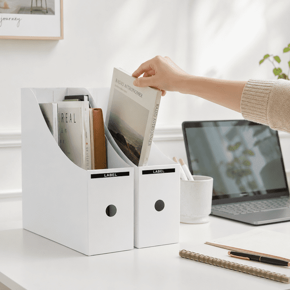 White Plastic Magazine File Holders, Vertical Desktop Document Organizer Bins with Label Slots for Books, Papers, Folders, Office & Classroom Shelf Storage