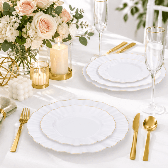 White Plastic Party Plates, Heavy Duty Fancy Disposable Plates with Rim ...