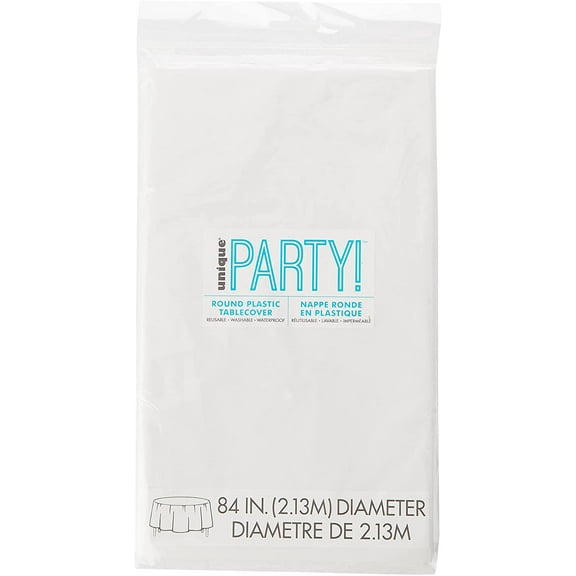 White Plastic Party Tablecloth, Round, 84in