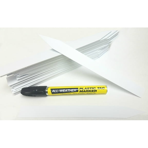 White Plastic Plant Labels, 3/4" x 8" (Pack of 100) and 1 All Weather Marker