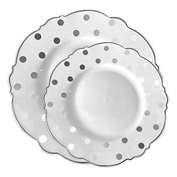 White Plastic Plates, Disposable Dinnerware Party Supplies Round Silver Rim Dots Design, 120 Dinner & 120 Salad Dishes for Birthday, Wedding & All Occasions, 240 pcs