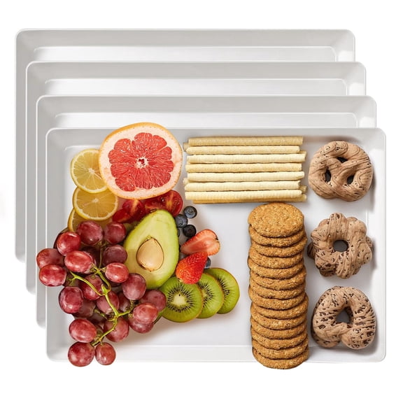 INNOVATIVE LIFE White Plastic Serving Trays (Set of 4) Large Unbreakable Reusable Rectangular Party Platters | Serve Appetizers, Fruit, Veggies, & Desserts