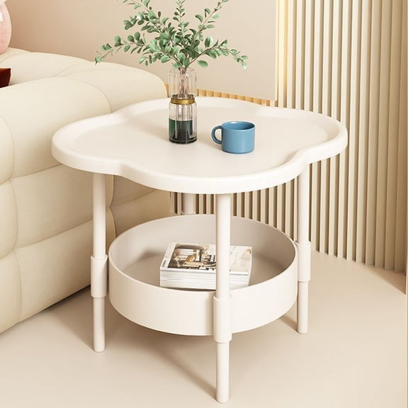 White Plastic Small Bedside Table 18.5x18.5x14.57in with Double Layer Storage & Curved Desktop - Mobile Side Cabinet for Bedroom Living Room