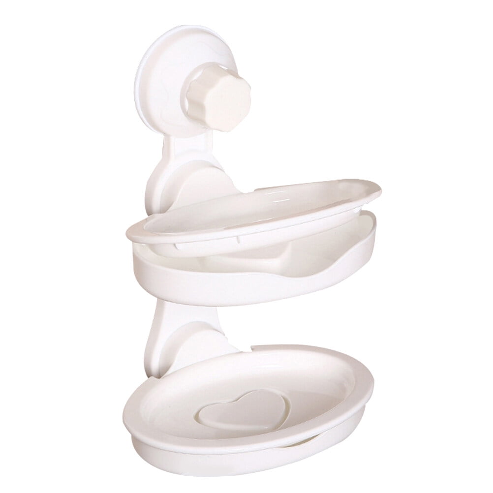 White Plastic Soap Dish Suction Cup Holder Wall Mounted Double Layer