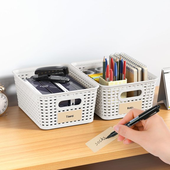 White Plastic Storage Baskets - Pack of 8 with Labels Stackable Durable Storage Bins for Organizing Desktops, Closets, Offices