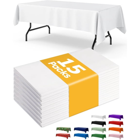 White Plastic Table Cloth Rectangle 15 Pack, 54''108'' Tablecloth for 6ft Tables, Disposable Use, Cover Holiday Party, Gathering
