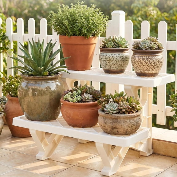 White Plastic Two Tier Plants Stand Storage Shelf, Odorless Corrosion Resistant Material with Open Grid Shelves for Drainage, Home Vegetable Gardening Rack for Succulents Display