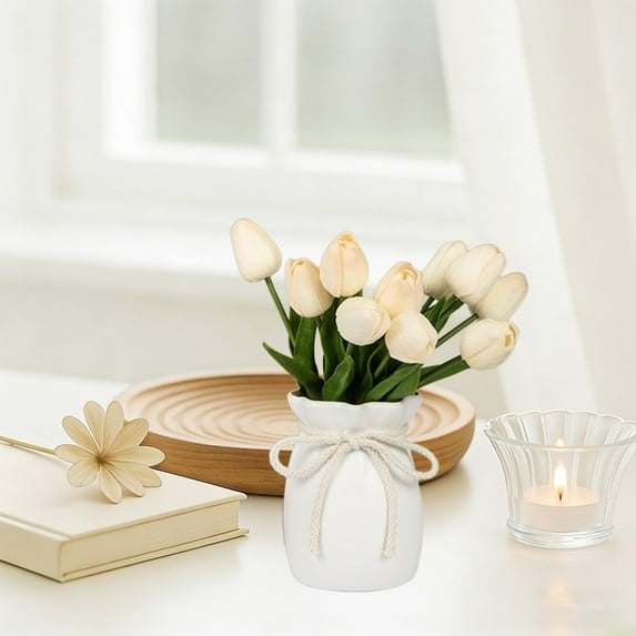 White Plastic Vase | Imitation Ceramic Dstring Bag Design with Pleated Lace & Rope Bow | Desktop & Home Decoration for Flowers or Storage