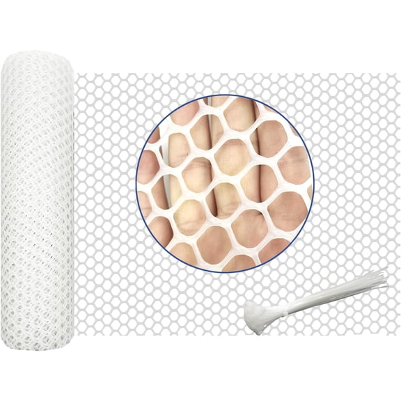 White Plastic Wire Mesh Fence Plastic Chicken Wire Mesh 15.7IN x6.56FT Ideal for Poultry, Dogs,Cat, Rabbit, Snake Barrier & Gardening - Durable Plastic Chicken Wire Mesh with 50 Pcs Fixed Straps