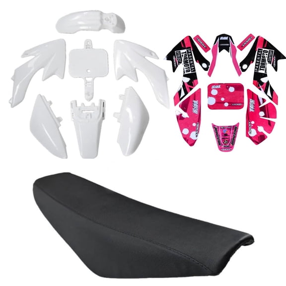 White Plastics Fender Fairing Kit with Pink Graphics and Flat Tall Seat for CRF50 XR50 SSR Coolster 110cc 125cc Dirt PIt Bike Motorcycle