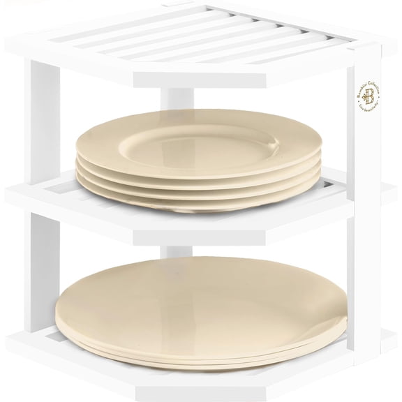 White Plate Organizer for Cabinet - 3 Tier Bamboo Corner Shelf Plates Bowls Mugs Cups, Kitchen Organizer, Countertop Rack, 10 x 9.5 Inch