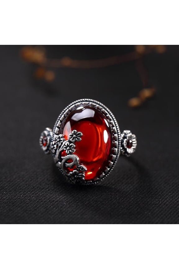 White Plated Gold Pomegranate Red Canary Stone Vintage Plum Blossom Unisex Ring Adjustable Size Timeless Style