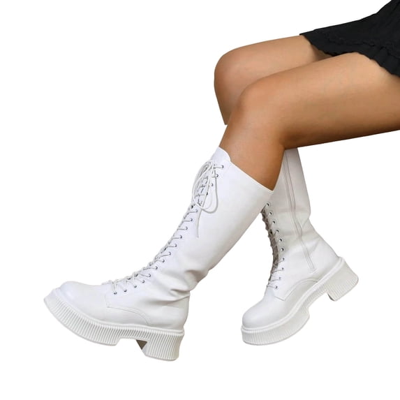 White Platform Knee High Boots for Women Lace Up Knee Length Comabt Booties Lightweight Mid Calf Riding Boots