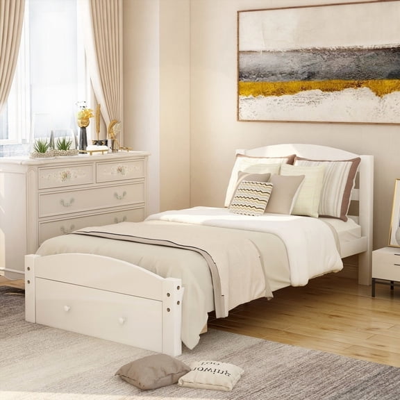White Platform Twin Bed Frame Featuring Storage Drawer and Reliable Wood Slat Support, Box Spring Not Required
