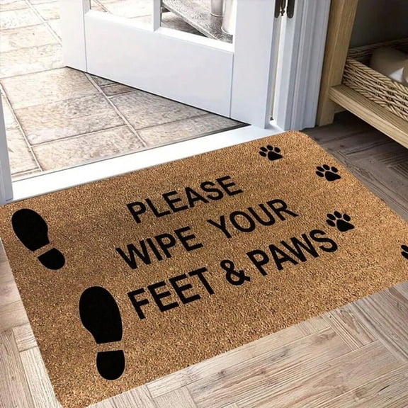 White Please Wipe Your Feet & Paws Text And Paw Print Pattern Welcome Doormat, Polyester Non-Slip, Machine Washable