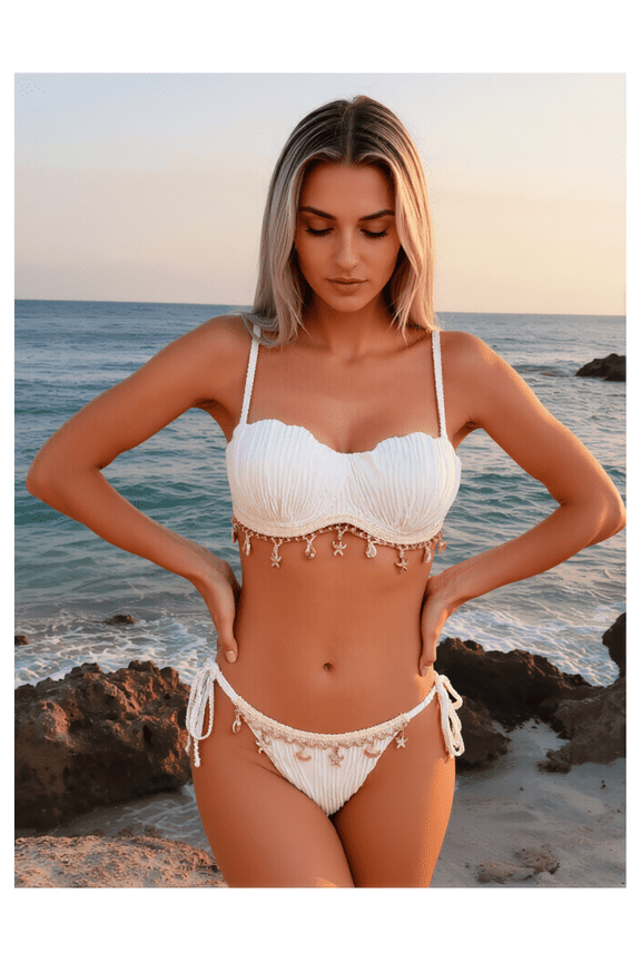 White Pleated Bikini Set - Women's Shell & Starfish Charm Trim Two Piece Swimsuit with Adjustable Tie Straps, Vintage Retro Bathing Suit for Beach Vacation, Summer Swimwear