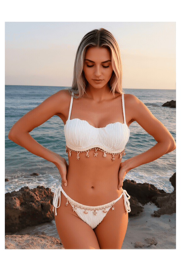 White Pleated Bikini Set - Women's Shell & Starfish Trim Two Piece Swimsuit - Adjustable Tie Straps, Flattering Beachwear - Cute Summer Bikini