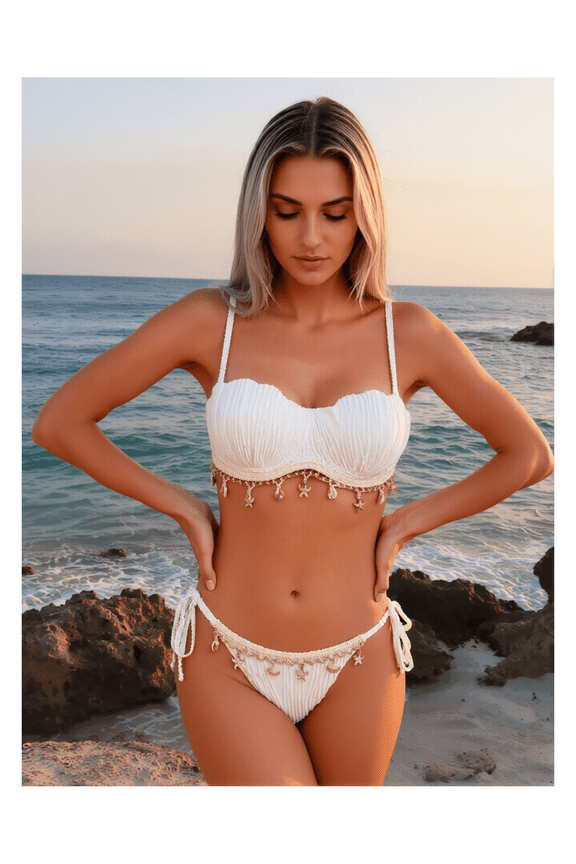 White Pleated Bikini Set - Women's Two Piece Swimsuit with Shell & Starfish Charm, Adjustable Tie Straps - Cute Beachwear for Teens & Adults - Summer Bathing Suit