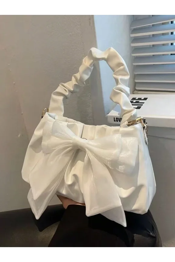 White Pleated Bow Shoulder Bag With Ruched Handle And Zipper Closure