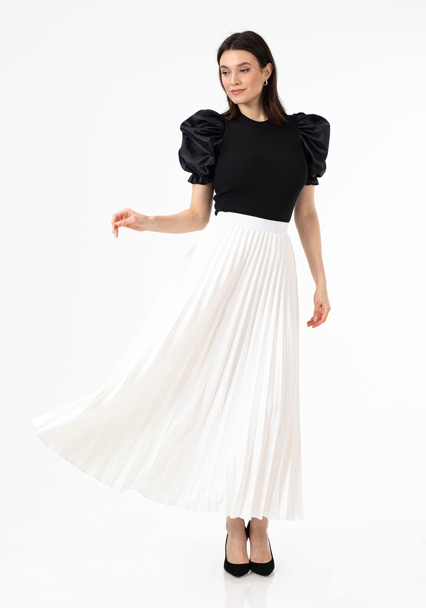 White Pleated Maxi Skirt Elastic Waist Band Ankle Length