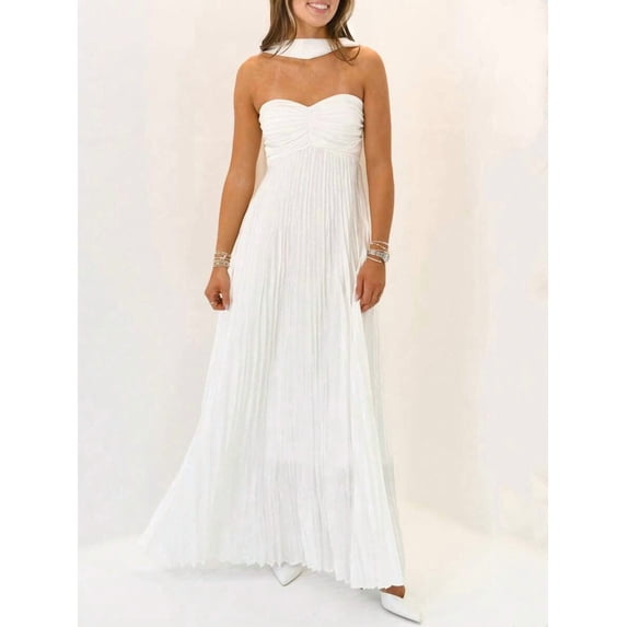 White Pleated Strapless Maxi Dress With Choker Neckline
