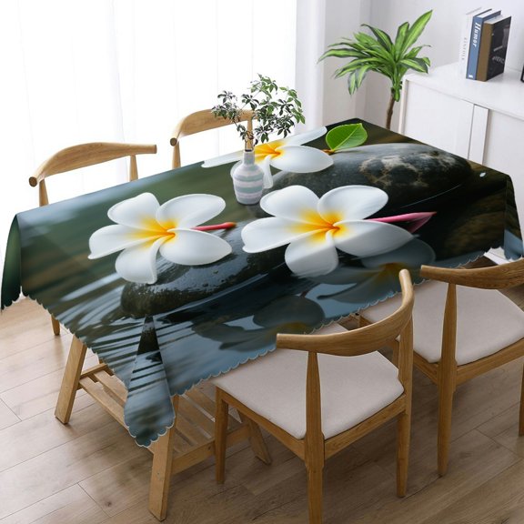 White Plumeria Black Stone in Hot Spring Pool Tablecloths rectangle , Machine-Made - Holiday Party Tablecloth Rectangular Tablecloth, Cafe, dinner,  picnic