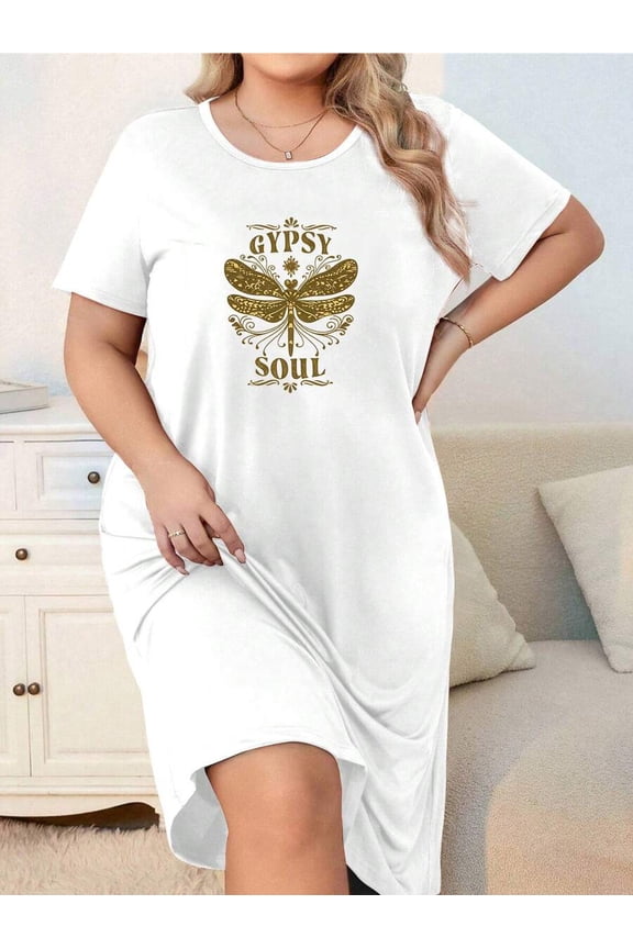White Plus Size Womens Gypsy Soul Golden Dragonfly Print Loose Short-Sleeve Round Neck Casual Dress