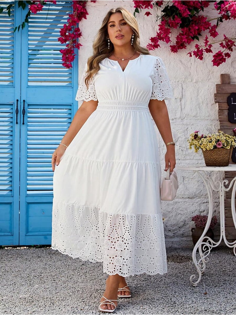 white lace midi dress plus size Reflora Plus Size Women White Lace Midi Dress,Elegant Short Sleeve Flowy  Mesh Dress For Summer,Bridal Wedding Guest Party,Classy Modest Wedding  Event Outfit