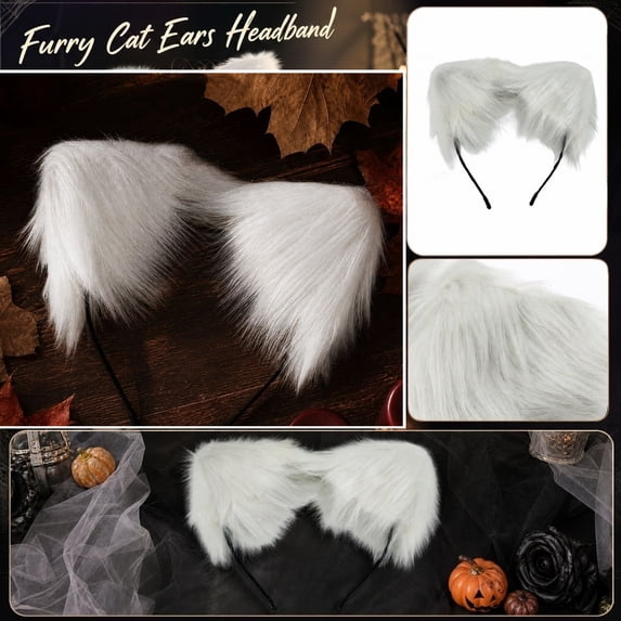 White Plush Cat Ears Headband Kitten Halloween 7 Inch Kids Dress Up Accessory for Halloween Party Outfit for Girls Boys Toddlers, 1 Pack