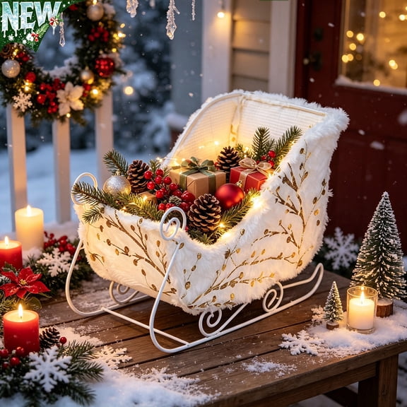 White Plush Metal Sleigh Decoration,Gold Branch Print Holiday Sled Ornament, Festive Display Container for Xmas Party Candy Small Gift Tabletop Decor