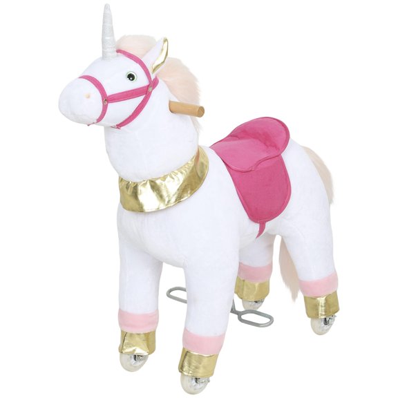 White Plush Unicorn Rocking Horse with Wheels for Kids 3-5 Years 29.5 Inch No Battery Required