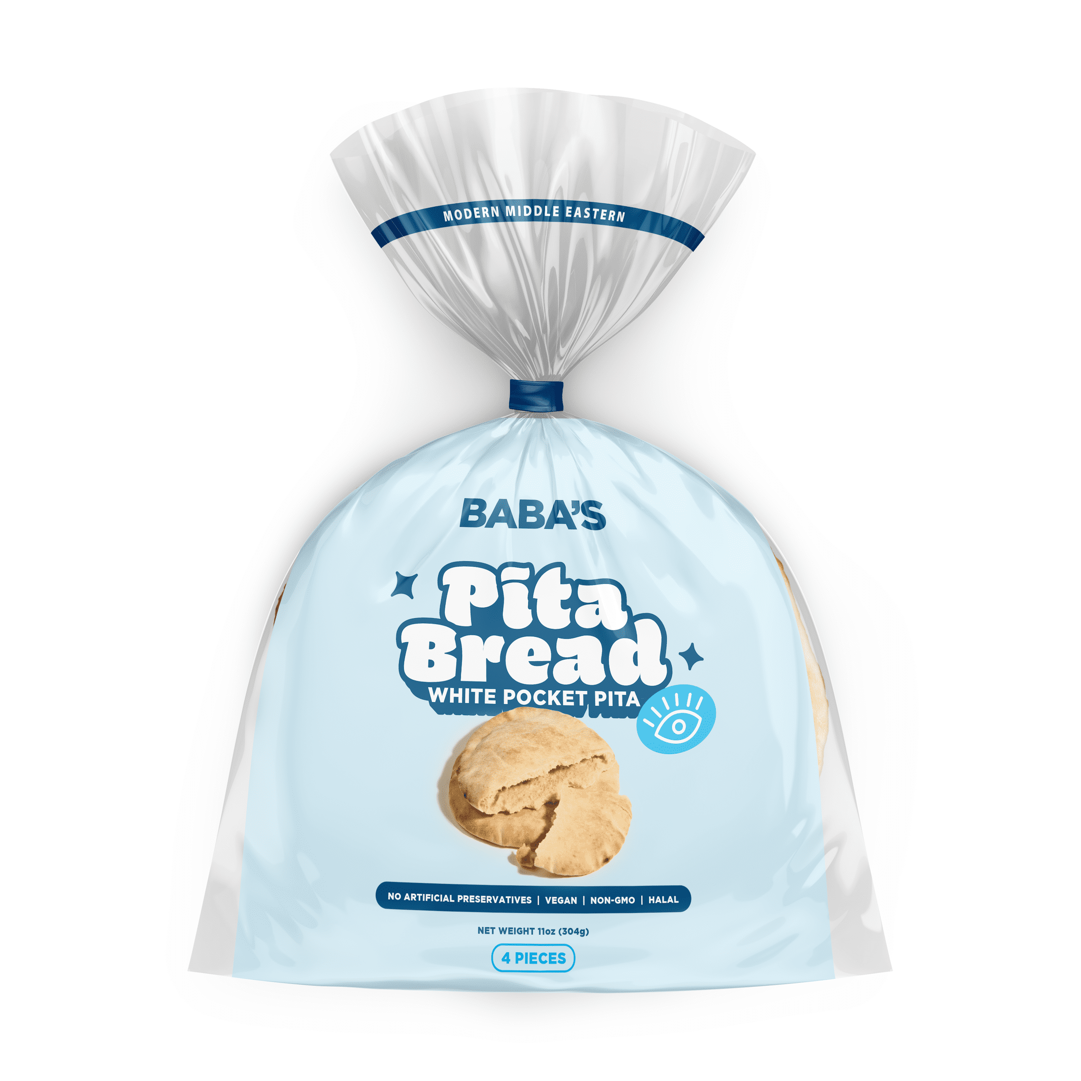 Baba's White Pocket Pita Bread, Soft Fresh Flatbread, Authentic Middle Eastern Style, 4 Count