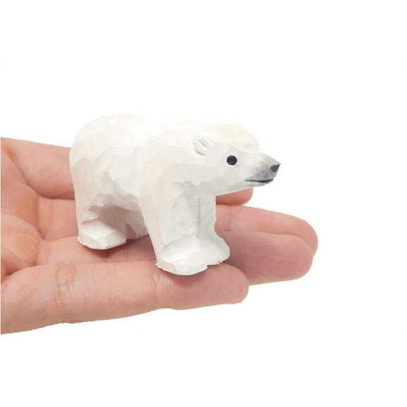 White Polar Bear - Small 2" Wooden Figurine - Arctic North Pole Snow Antarctica Carving Hand-Made Decoration Miniature Animals Woodwork
