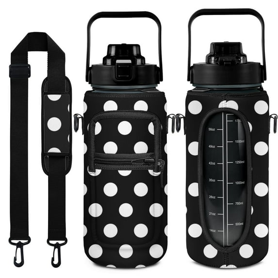 White Polka Dot 64 Oz Water Bottle with Measurements - BPA Free Leakproof Sport Large Plastic Water Bottle with Straw Strap & Insulated Neoprene Holder Carrier Bag Great Gift for Women Men