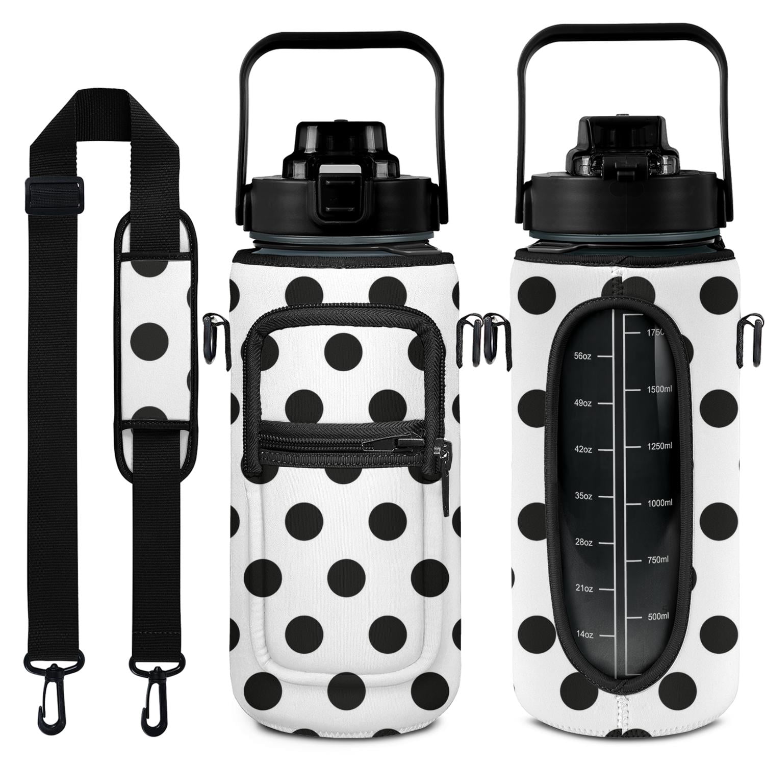 White Polka Dot 64 Oz Water Bottle with Measurements - BPA Free Leakproof Sport Large Plastic Water Bottle with Straw & Time Marker & Insulated Neoprene Holder Carrier Bag Great Gift for Women Men