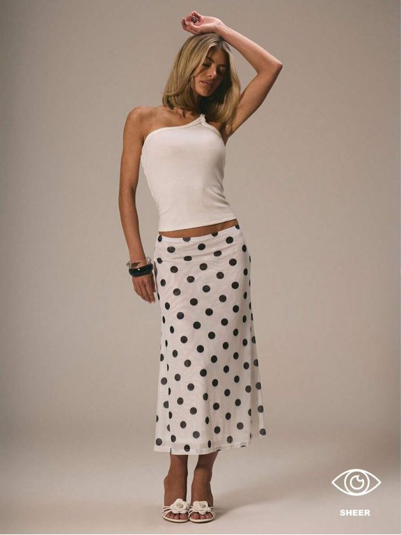 White Polka Dot Midi Skirt Flowing A-Line Casual Summer Skirt