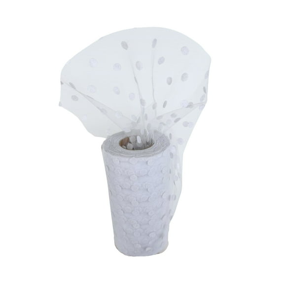 White Polka Dot Tulle Decor - 6" x 25 Yards, Fabric Netting Ribbon, Wedding Decor, Reception, Wreath, Christmas