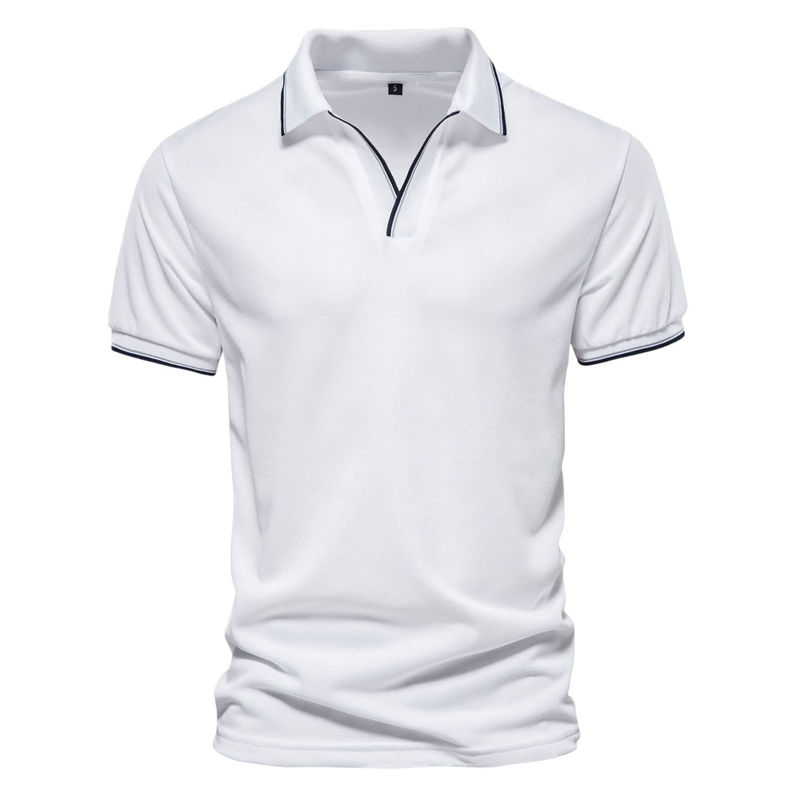 White Polo Shirt Mens Fashion Casual Solid Color Cotton V Neck