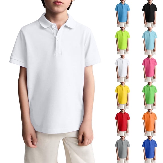 White Polo Shirts for Boys Back to School Uniform Short Sleeve Collared T-Shirt Junior, Front Button Closure 6-11 Years