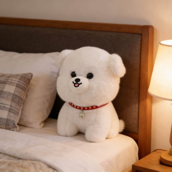 White Pomeranian Puppy Plush Soft Cuddly Lifelike Stuffed Animal For Cozy Indoor Use(White-9.8In)#1483