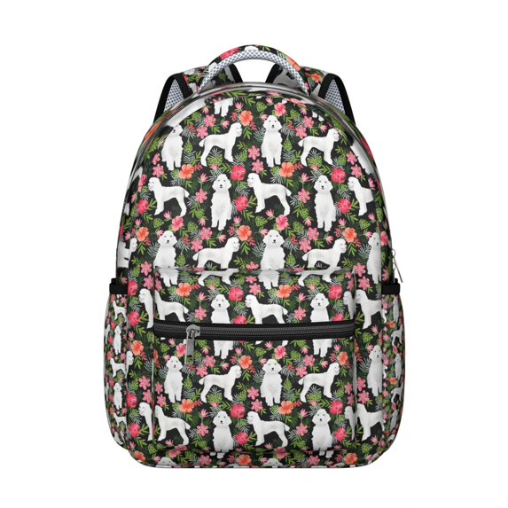 White Poodle Dog Hawaiian Floral Backpack for School,Cute School Bag,Schoolbag with Adjustable Shoulder Straps & Padded Back,15.3"x11"x7.1".