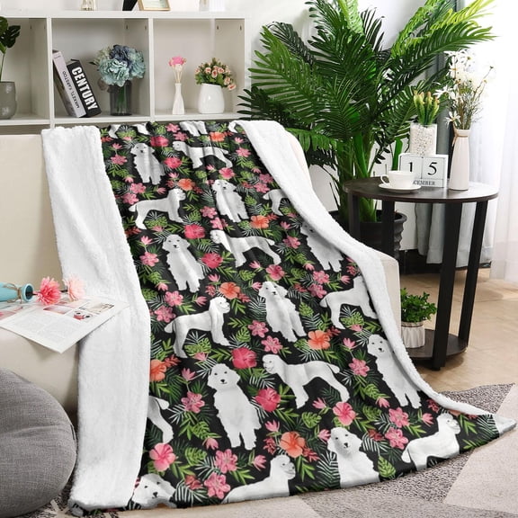 White Poodle Dog Hawaiian Floral Blanket,Comfortable Soft Flannel Throw Blanket,All Season,Warm Lightweight Blankets for Sofa Bed Couch Living Room Chair,40"x50"(100x130cm)