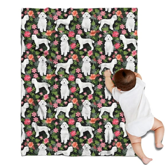 White Poodle Dog Hawaiian Floral Blanket,Comfortable Soft Flannel Throw Blanket,All Season,Warm Lightweight Blankets for Sofa Bed Couch Living Room Chair,30"x40"(80x100cm)