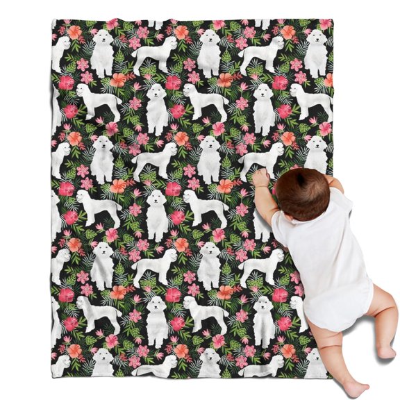 White Poodle Dog Hawaiian Floral Blanket,Comfortable Soft Lamb Wool Throw Blanket,All Season,Warm Lightweight Blankets for Sofa Bed Couch Living Room Chair,30"x40"