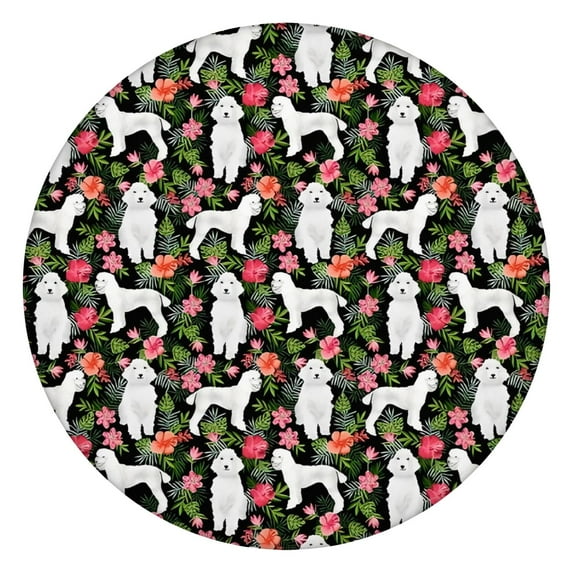 White Poodle Dog Hawaiian Floral Round Fitted Tablecloth with Elastic Edge,Dining Table Cover Waterproof,Outdoor Round Tablecloth for Camping,Dining,Indoor and Outdoor