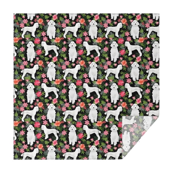 White Poodle Dog Hawaiian Floral Square Tablecloth,Waterproof Square Table Cover,Wipeable Spillproof Washable Table Cover for Home Kitchen Party Decor 60"x60"(152x152cm)