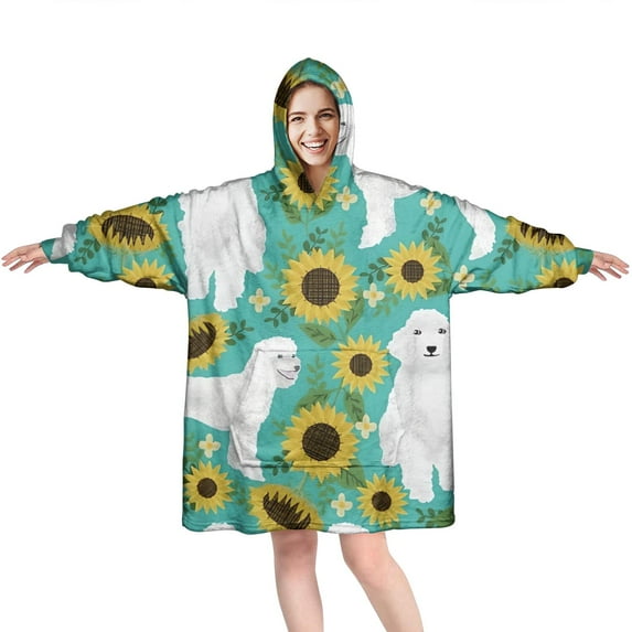 White Poodle Dog and Sunflowers Wearable Oversized Blanket,Wearable Blanket Hoodie for Adults,Cozy Hooded Blankets with Super Pockets,Super Warm Fuzzy Pullover for Women & Men