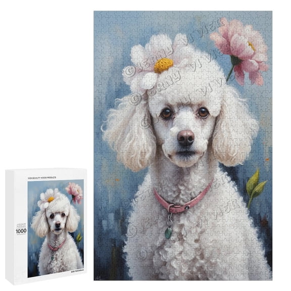White Poodle Dog With Flower Oil Painting 500-Piece Puzzle for Adults - A Fun and Relaxing Way to Celebrate Your Love for Dogs,Wooden
