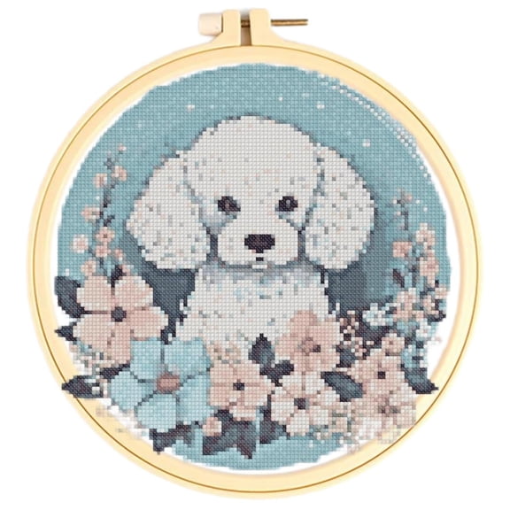 White Poodle & Flowers Cross Stitch Kits for Starter Kits DIY 11CT Pre-printed Patterns Needlepoint Embroidery Cross Stitching Needlework Kit Set Supplies with Hoop 38x38cm (13)
