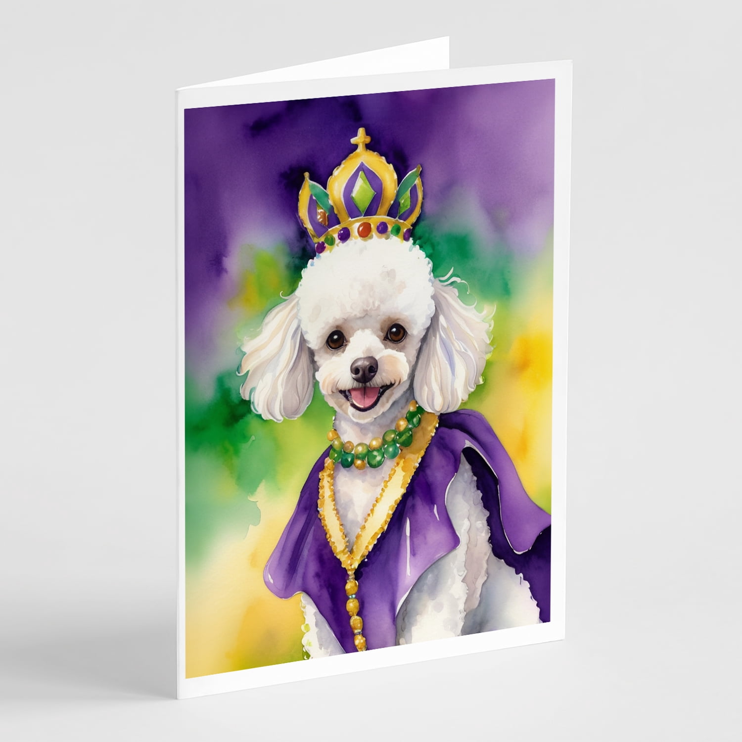 White Poodle King of Mardi Gras Greeting Cards Pack of 8 7 in x 5 in